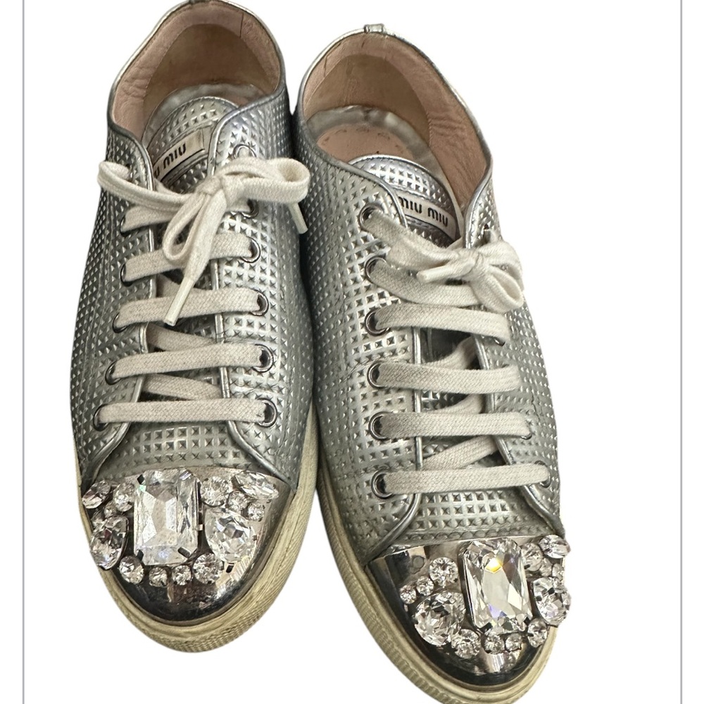 Miu Miu Silver Swarovski crystal top cap diver sneakers flats